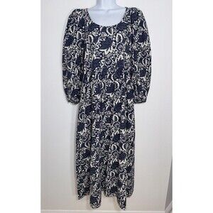 The Great Linen Cotton Navy Leaf Floral Midi Maxi Cottage Prairy Dress 2/ Medium